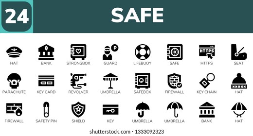 safe icon set. 24 filled safe icons.  Simple modern icons about  - Hat, Bank, Strongbox, Guard, Lifebuoy, Safe, Https, Seat, Parachute, Key card, Revolver, Umbrella, Safebox, Firewall