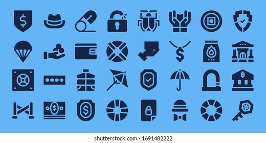 safe icon set. 32 filled safe icons. on blue background style Simple modern icons such as: Protection, Parachute, Safebox, Police line, Hat, Money, Password, Safety pin, Billfold