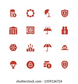 safe icon set. Collection of 16 filled safe icons included Shield, Money, Unlock, Parachute, Hat, Umbrella, Lifejacket, Safe box, Bank, Lifebuoy