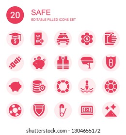 safe icon set. Collection of 20 filled safe icons included Hat, Key, Safety car, Money, Hacking, Seat belt, Piggy bank, Vest, Helmet, Shield, Lifebuoy, Buoy, Lifesaver, Safety pin