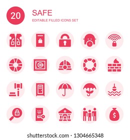 safe icon set. Collection of 20 filled safe icons included Vest, Locker, Padlock, Gas mask, Unlocked, Lifesaver, Safe, Helmet, Lifebuoy, Firewall, Auction, Umbrella, Buoy, Key