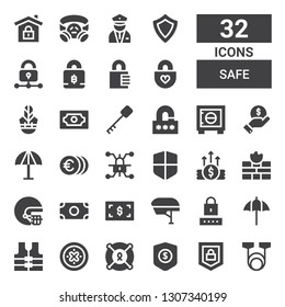 safe icon set. Collection of 32 filled safe icons included Resistance, Security, Protection, Lifesaver, Shield, Vest, Umbrella, Password, Helmet, Money, Firewall, Lock, Finance