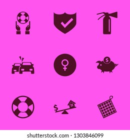 safe icon set with dollar piggy bank, extinguisher and hands and life preserver vector illustration