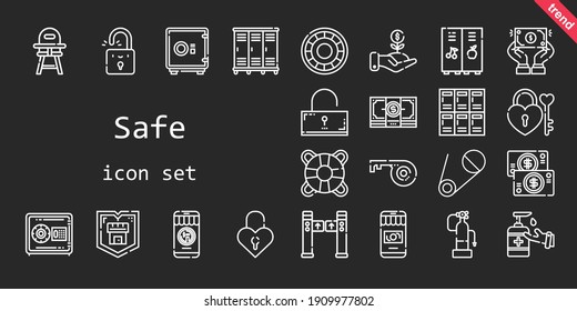 conjunto de iconos seguros. estilo de icono de línea. iconos seguros relacionados como antiséptico, caja de seguridad, escudo, extintor de incendios, vástago de seguridad, salvavidas, inversión, taquillas, candado, vestuario, desbloqueado, dólar, tornos