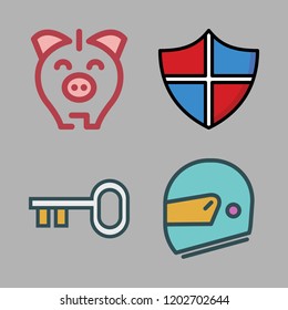 safe icon set. vector set about shield, helmet, piggy bank and key icons set.
