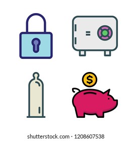 safe icon set. vector set about condom, safebox id, piggy bank and padlock icons set.