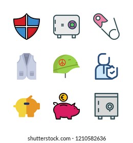safe icon set. vector set about safebox id, shield, vest and safety pin icons set.