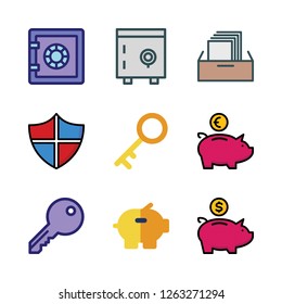 safe icon set. vector set about key, piggy bank, filing cabinet and shield icons set.