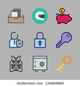 safe icon set. vector set about padlock, key, piggy bank and safebox icons set.