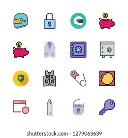safe icon set. vector set about shield, condom, piggy bank and vest icons set.