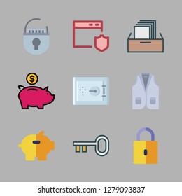 safe icon set. vector set about filing cabinet, shield, vest and padlock icons set.