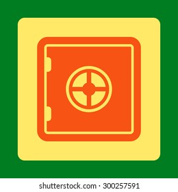 Safe icon. This flat rounded square button uses orange and yellow colors and isolated on a green background.
