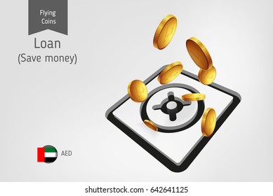 Safe icon with United Arab Emirates dirham coins, finance concept.