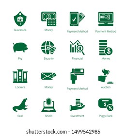 safe icons. Editable 16 safe icons. Included icons such as Guarantee, Money, Payment method, Pig, Security, Financial, Lockers, Auction, Seal, Shield. safe trendy icons for web.