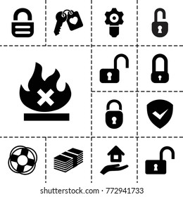 Safe icons. set of 13 editable filled safe icons such as lock, open lock, gear keyhole, no fire, opened lock, heart key, house insurance, money, lifebuoy
