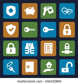 Safe icons set. set of 16 safe filled icons such as key, welding glasses, lock, safe, heart key, house insurance, home security, life vest, money box