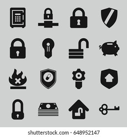 Safe icons set. set of 16 safe filled icons such as lock, opened lock, no fire, safe, health insurance, home lock, home security, keyhole, gear keyhole, money box, key, money