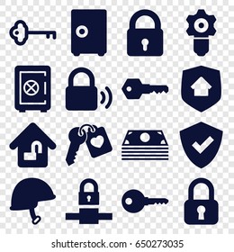 Safe icons set. set of 16 safe filled icons such as lock, heart key, helmet, home lock, key, home security, gear keyhole, shield