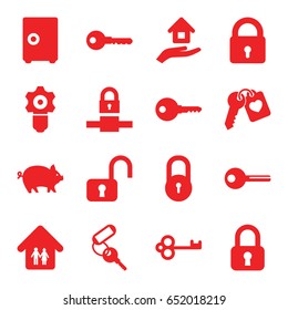 Safe icons set. set of 16 safe filled icons such as pig, lock, key, heart key, family home, house insurance, gear keyhole, safe