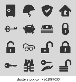 Safe icons set. set of 16 safe filled icons such as lock, opened lock, key, welding glasses, helmet, lock home, life vest, key on hand, money box, shield, money