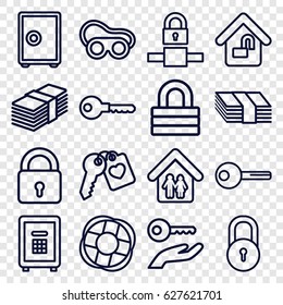 Safe icons set. set of 16 safe outline icons such as lock, key, welding glasses, safe, heart key, home lock, family home, lifebuoy, key on hand