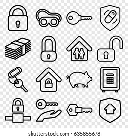 Safe icons set. set of 16 safe outline icons such as pig, lock, key, welding glasses, safe, health insurance, lock home, family home, home security, key on hand, money