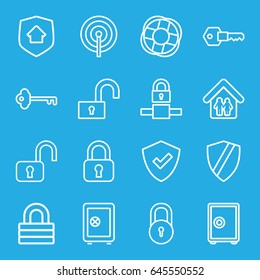 Safe icons set. set of 16 safe outline icons such as lock, family home, key, home security, lifebuoy, shield