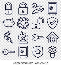 Safe icons set. set of 16 safe outline icons such as lock, key, no fire, family home, home security, lifebuoy, money box, shield, key on hand, gear keyhole