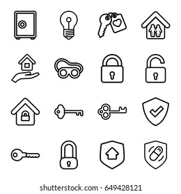 Safe icons set. set of 16 safe outline icons such as lock, opened lock, key, welding glasses, heart key, health insurance, lock home, family home, house insurance