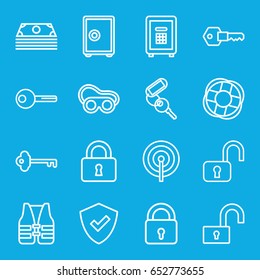 Safe icons set. set of 16 safe outline icons such as lock, key, welding glasses, safe, lifebuoy, life vest, shield, money