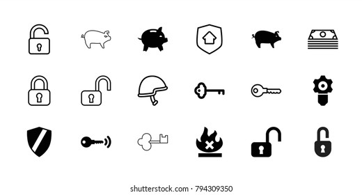 Safe icons. set of 18 editable filled and outline safe icons: open lock, shield, gear keyhole, no fire, key, opened lock, money, lock, helmet, home security, pig