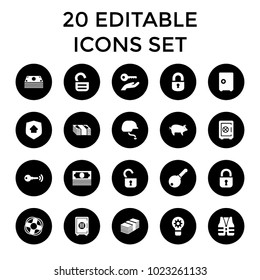 Safe icons. set of 20 editable filled safe icons such as money, home security, key on hand, lifebuoy, life vest, key, pig, lock. best quality safe elements in trendy style.