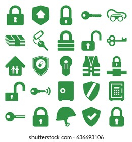 Safe icons set. set of 25 safe filled icons such as lock, key, welding glasses, safe, helmet, health insurance, family home, home security, life vest, keyhole, shield, money