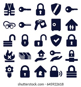 Safe icons set. set of 25 safe filled icons such as lock, key, opened lock, welding glasses, no fire, heart key, family home, house insurance, life vest, key on hand