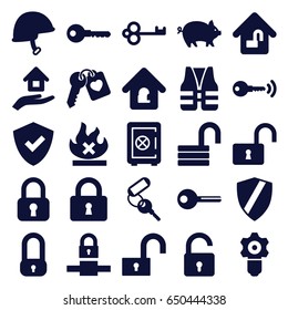 Safe icons set. set of 25 safe filled icons such as pig, opened lock, safe, key, no fire, lock, heart key, helmet, house insurance, life vest, gear keyhole