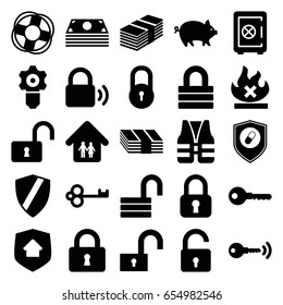 Safe icons set. set of 25 safe filled icons such as pig, lock, opened lock, safe, key, no fire, health insurance, family home, home security, lifebuoy, life vest, money