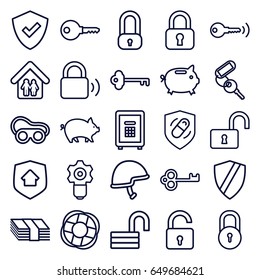 Safe icons set. set of 25 safe outline icons such as lock, pig, opened lock, key, welding glasses, safe, helmet, health insurance, family home, home security, lifebuoy