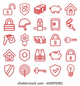 Safe icons set. set of 25 safe outline icons such as pig, lock, safe, key, opened lock, heart key, helmet, health insurance, lock home, family home, home security, life vest