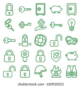 Safe icons set. set of 25 safe outline icons such as pig, lock, key, welding glasses, no fire, opened lock, helmet, health insurance, house insurance, lifebuoy, life vest