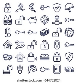 Safe icons set. set of 36 safe outline icons such as lock, safe, key, opened lock, welding glasses, heart key, helmet, house insurance, lifebuoy, life vest, money box, shield