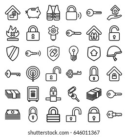Safe icons set. set of 36 safe outline icons such as lock, opened lock, key, no fire, safe, helmet, health insurance, house insurance, life vest, money box, money
