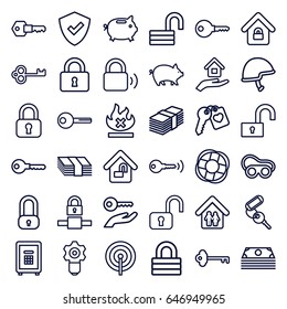 Safe icons set. set of 36 safe outline icons such as pig, key, lock, opened lock, welding glasses, no fire, safe, heart key, helmet, family home, house insurance, lifebuoy