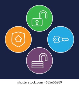 Safe icons set. set of 4 safe outline icons such as opened lock, key, home security