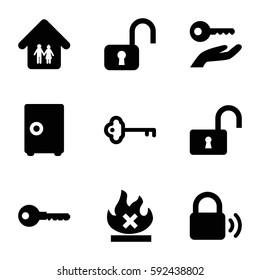 safe icons set. Set of 9 safe filled icons such as key, no fire, opened lock, family home, lock, key on hand, safe