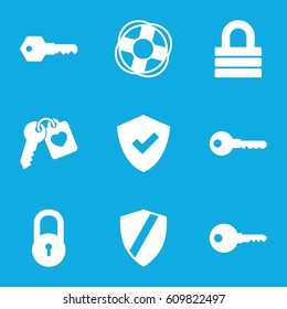 Safe icons set. set of 9 safe filled icons such as lock, key, heart key, lifebuoy