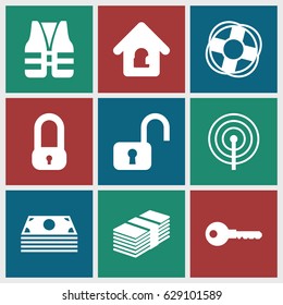 Safe icons set. set of 9 safe filled icons such as key, lock home, lifebuoy, life vest, money, lock
