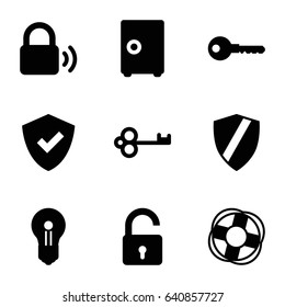 Safe icons set. set of 9 safe filled icons such as opened lock, key, lifebuoy, lock, keyhole, shield