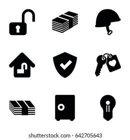 Safe icons set. set of 9 safe filled icons such as heart key, helmet, home lock, keyhole, money, shield, safe