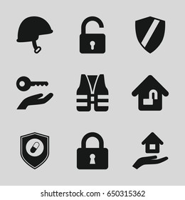 Safe icons set. set of 9 safe filled icons such as opened lock, lock, helmet, health insurance, home lock, house insurance, life vest, key on hand