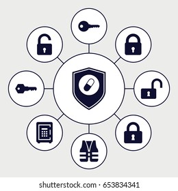Safe icons set. set of 9 safe filled icons such as lock, opened lock, safe, health insurance, key